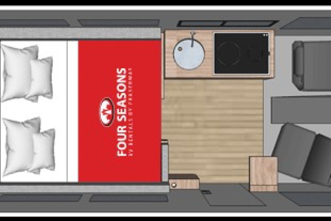 Wohnmobil Urlaub Kanada Four Seasons RV Van Conversion Innenansicht bei Nacht Foto des Modells - Wohnmobil Urlaub Kanada Four Seasons RV Van Conversion Innenansicht bei Nacht
